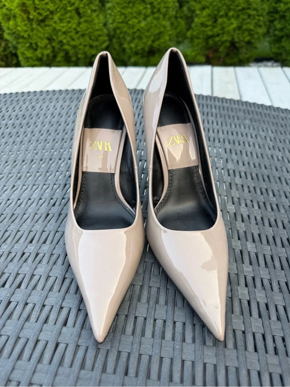 Zara Patent Pointed Toe Pumps - Taupe